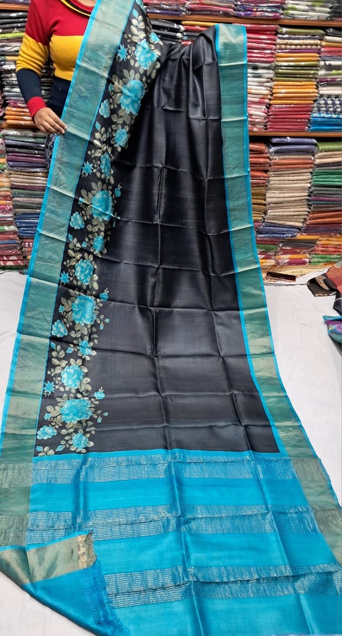 Pure Tussar Printed Saree-AM-PTS-BLACK-012