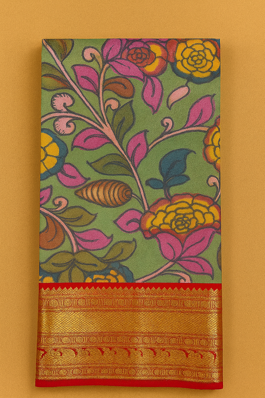 Kanchi pattu with pen kalamkari-AM-KPS-GREEN-005