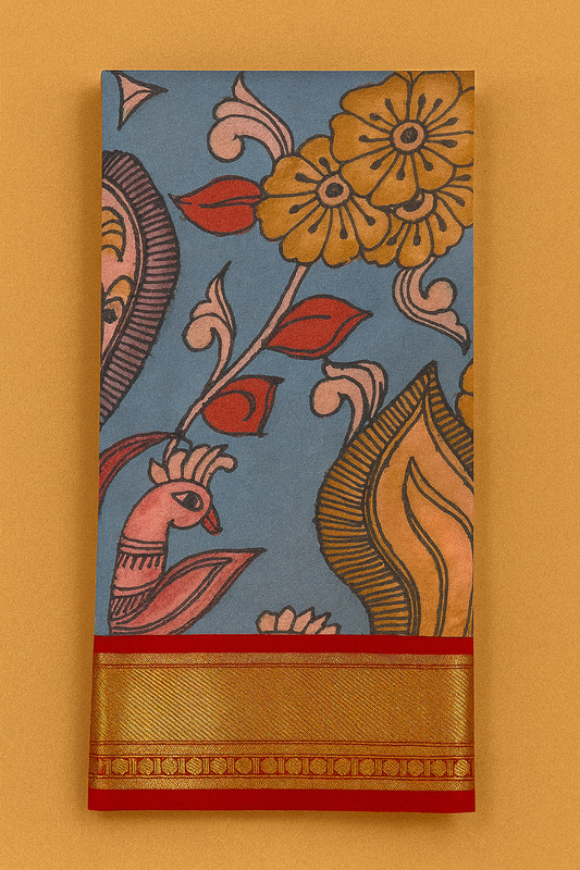 Kanchi pattu with pen kalamkari-AM-KPS-BLUE-006
