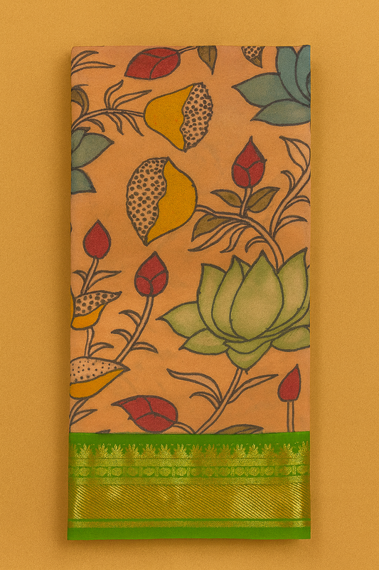 Kanchi pattu with pen kalamkari-AM-KPS-PEACH-007