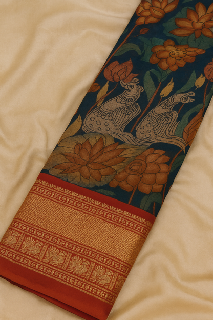Kanchi Pattu with Pen Kalamkari-AM-KPS-NAVY BLUE-009
