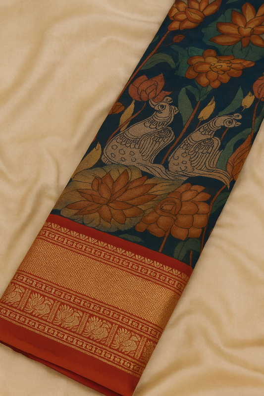 Kanchi Pattu with Pen Kalamkari-AM-KPS-NAVY BLUE-009