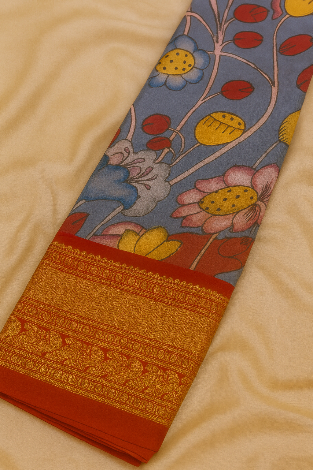 Kanchi Pattu with Pen Kalamkari-AM-KPS-BLUE-010