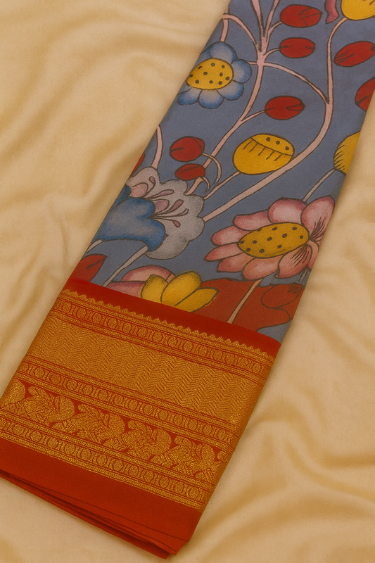Kanchi Pattu with Pen Kalamkari-AM-KPS-BLUE-010