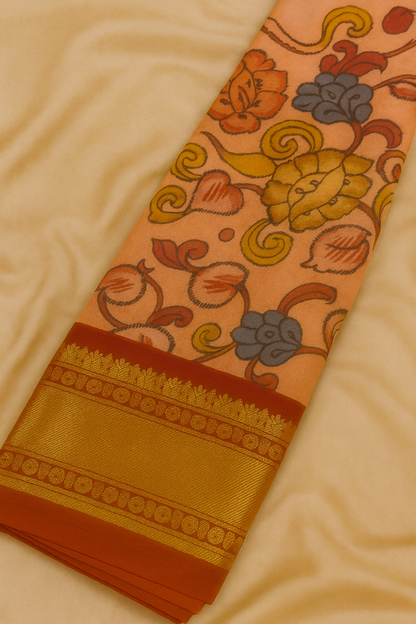Kanchi Pattu with Pen Kalamkari-AM-KPS-PEACH-011