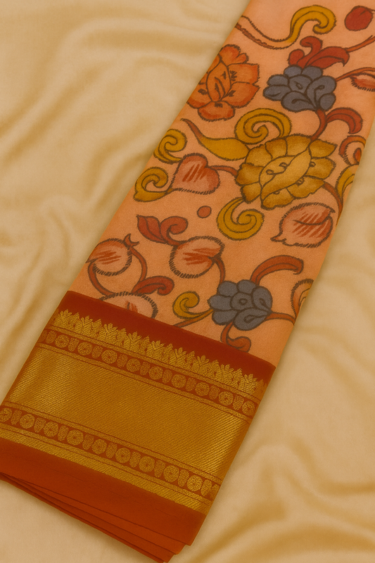 Kanchi Pattu with Pen Kalamkari-AM-KPS-PEACH-011