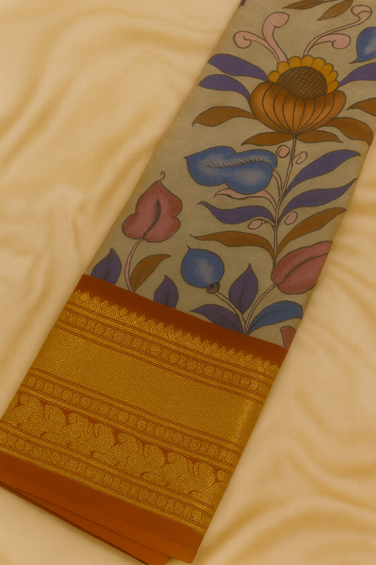 Kanchi Pattu with Pen Kalamkari-AM-KPS-ELEGANT BEIGE-014