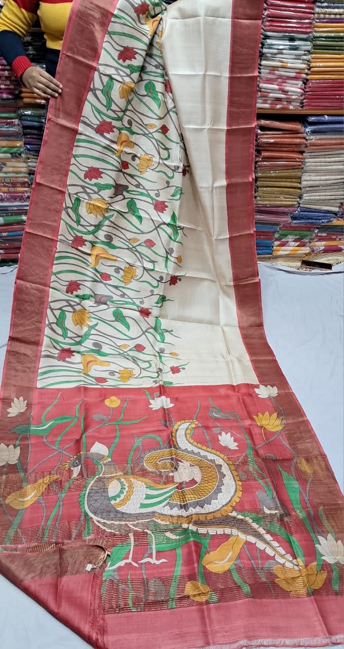 Pure Tussar Printed Saree-AM-PTS-CREAM-010