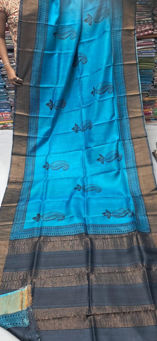 Pure Tussar Printed Saree-AM-PTS-BLUE-011