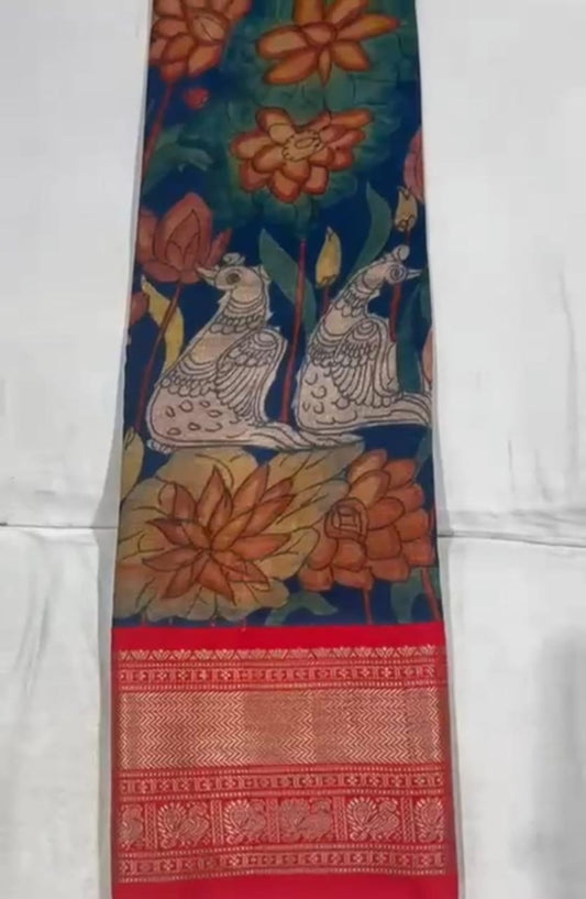 Kanchi Pattu with Pen Kalamkari-AM-KPS-NAVY BLUE-009