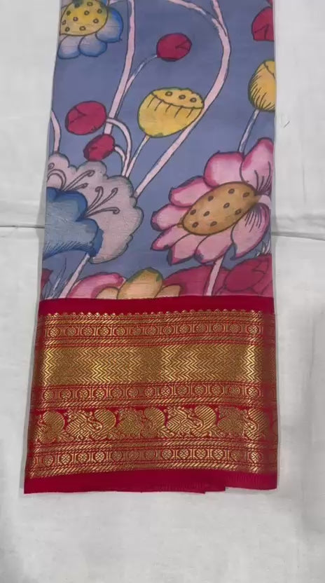 Kanchi Pattu with Pen Kalamkari-AM-KPS-BLUE-010