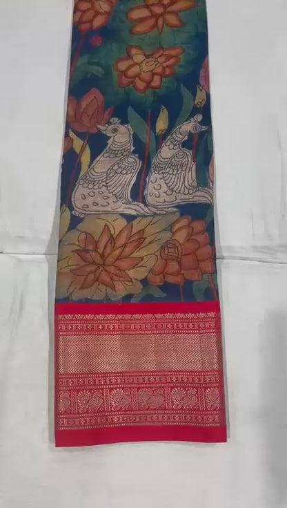 Kanchi Pattu with Pen Kalamkari-AM-KPS-NAVY BLUE-009