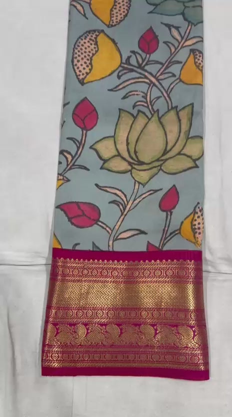 Kanchi pattu with pen kalamkari-AM-KPS-BLUE-006